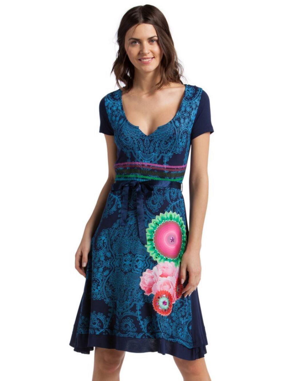 Desigual Matty Blue Jersey Midi Dress Scoop Neck Ribbon Belt Sequins M Paisley